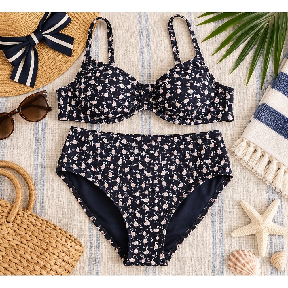 Free Assembly Bikini XL 16-18 Flamingo Print High Waist Two Piece Swimsuit NWT